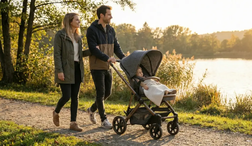 Familie mit ABC Design Ping 3 Trekking beim entspannten Spaziergang am See