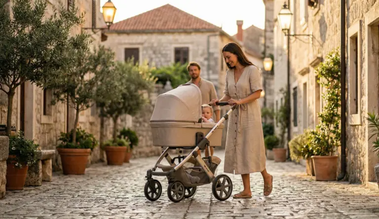 Mutter schiebt naturfarbenen Kombikinderwagen durch mediterrane Altstadt bei Abenddämmerung