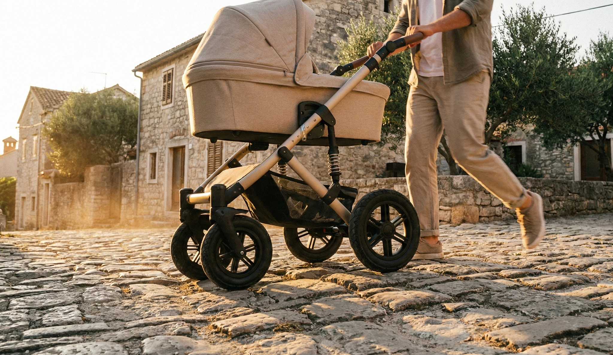 Naturfarbener Kombikinderwagen auf Kopfsteinpflaster in mediterraner Umgebung