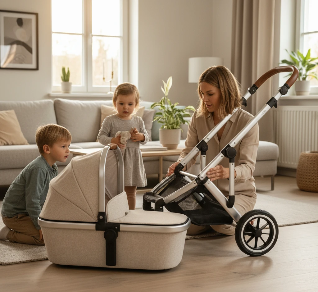 Mutter baut Kinderwagen im Wohnzimmer auf während zwei Kinder zuschauen