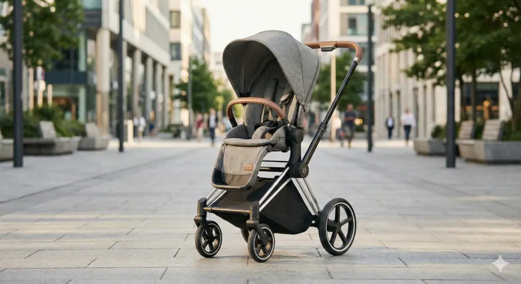 Cybex e-Priam Kinderwagen mit hochwertigem Rahmen, edlen Stoffen und modernen Design-Details in urbaner Umgebung