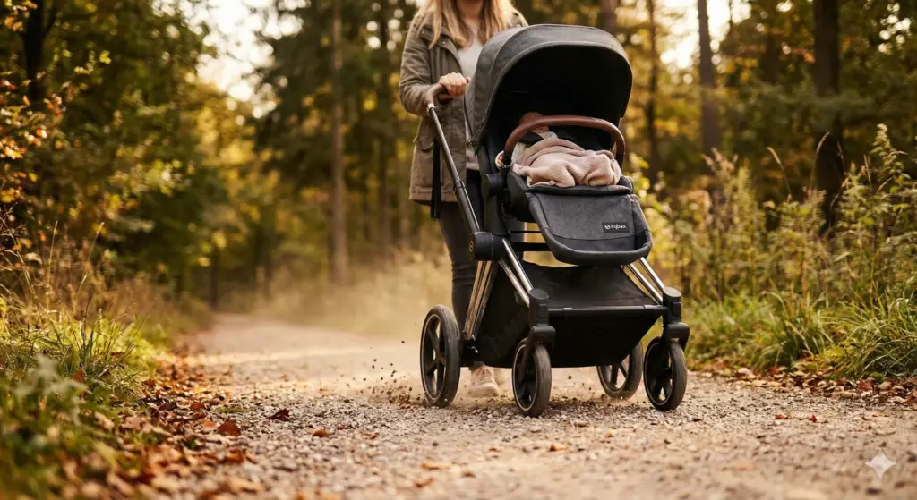 Cybex e-Priam im Einsatz auf einem Waldweg mit elektrischer Unterstützung und stabilen All-Terrain-Rädern