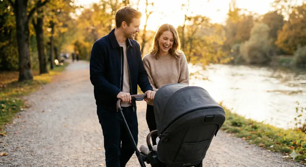 Eltern spazieren entspannt mit dem Cybex e-Priam Kinderwagen entlang eines Flusswegs bei warmem Abendlicht