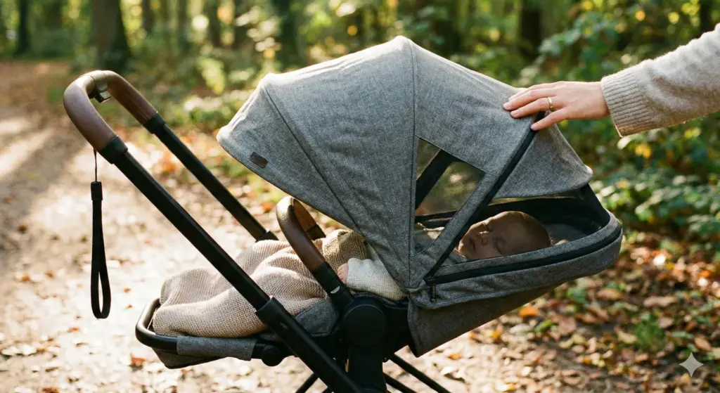 Baby liegt entspannt im Cybex e-Priam Kinderwagen mit ergonomischer Liegeposition und großem Sonnendach