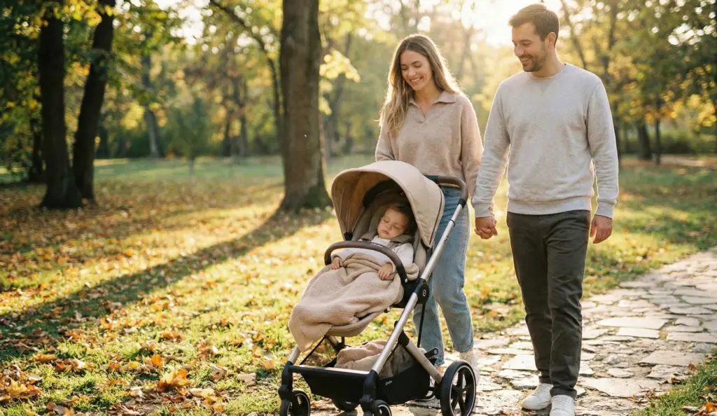 Familie beim Spaziergang mit dem Cybex Gazelle S Kinderwagen