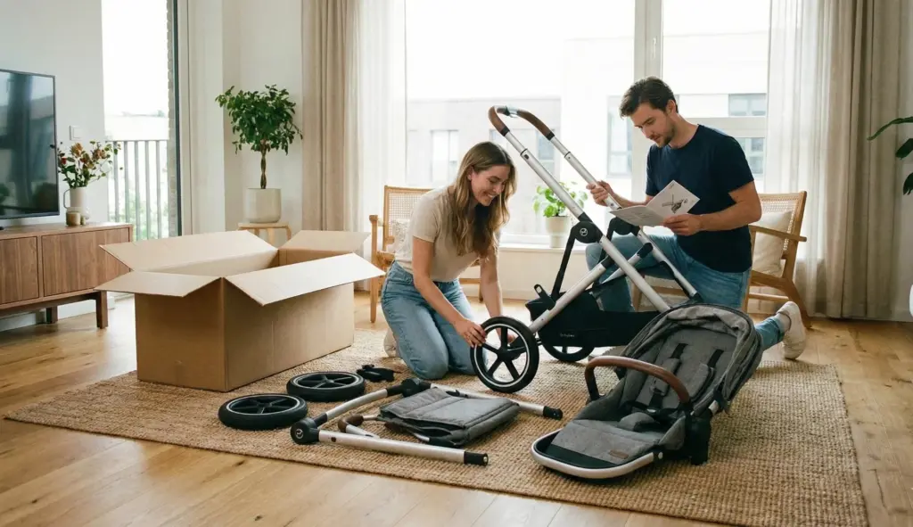 Cybex Gazelle S Unboxing – Eltern bauen den Kinderwagen im Wohnzimmer auf