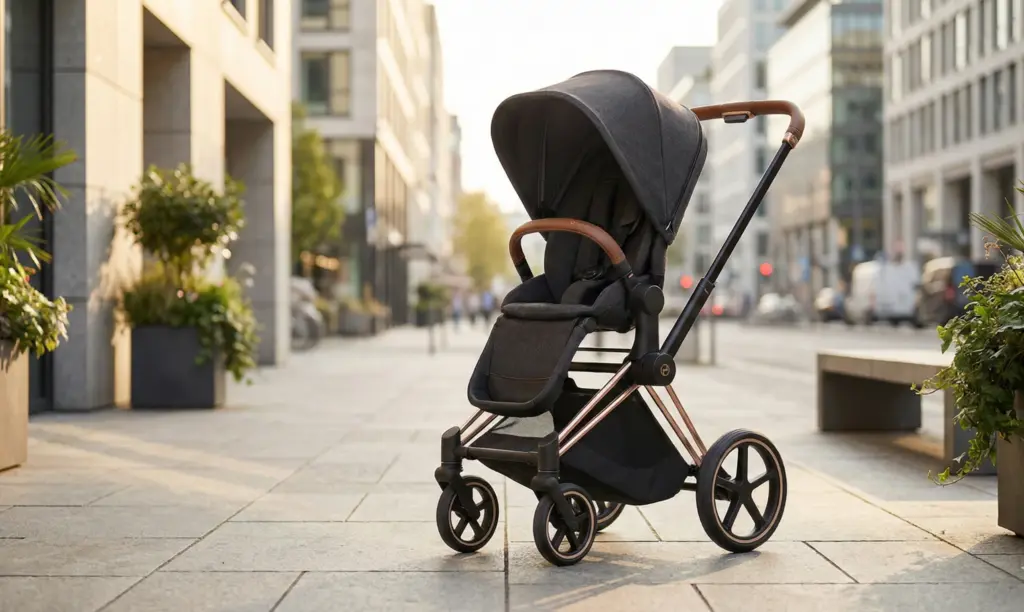 Design und Verarbeitung des Cybex Priam Kinderwagens mit Ledergriff und Metallrahmen