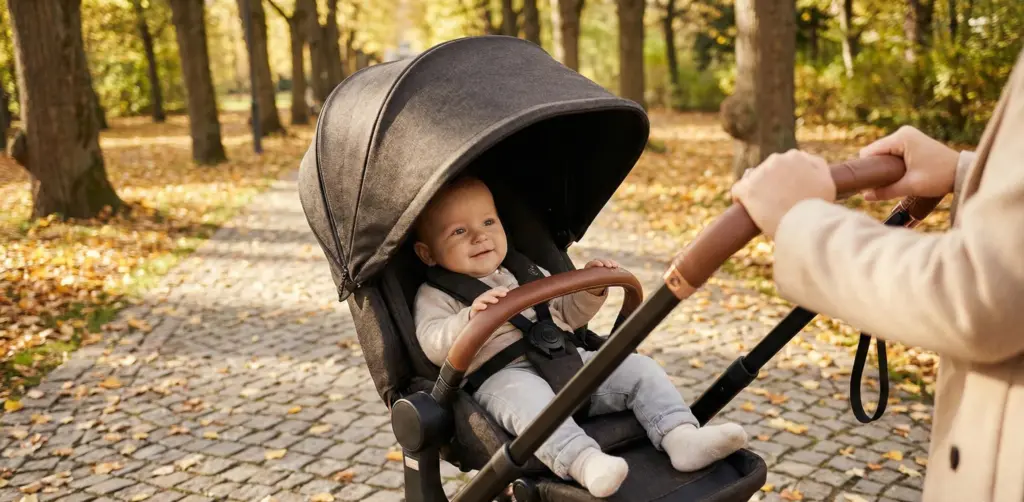 Design und Verarbeitung des Cybex Priam Kinderwagens mit Ledergriff und Metallrahmen