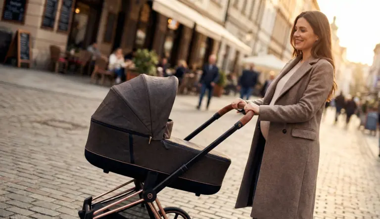 Cybex Priam Kinderwagen als Premium-Beitragsbild in moderner Stadtumgebung