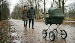 Klassischer Kinderwagen im Parkweg – Eltern spazieren, große Räder für ruhiges Schieben auf nassem Boden