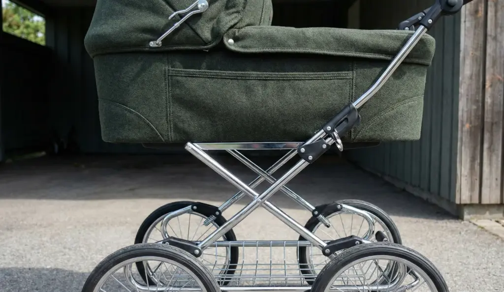 Detailansicht am Kinderwagen – Stoffstruktur, Nähte und Rahmen sichtbar, Verarbeitung wirkt sauber und stabil