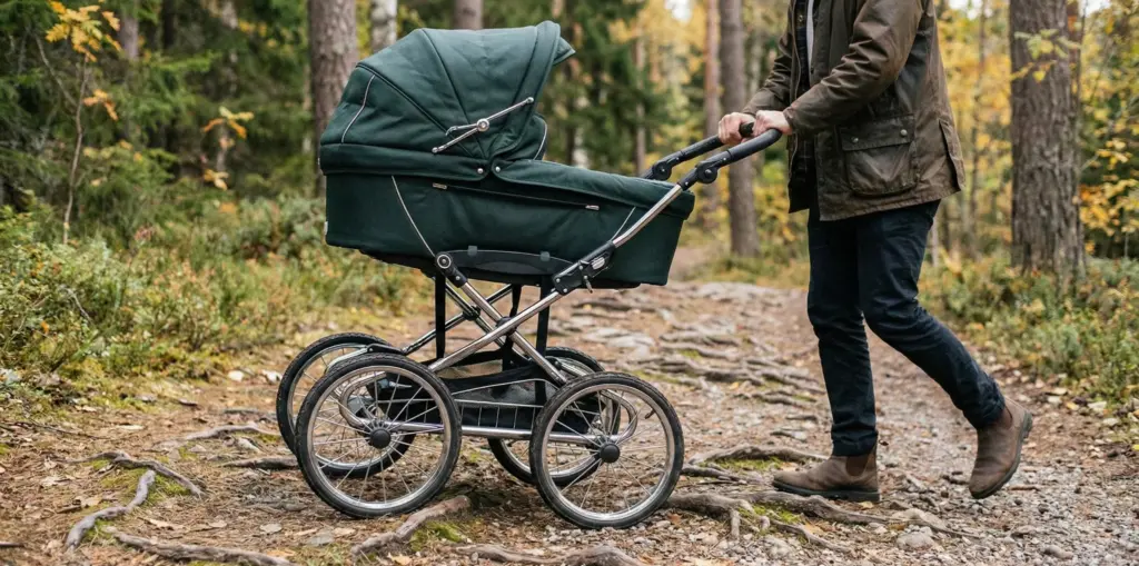 Kinderwagen auf unebenem Waldweg – große Räder rollen über Wurzeln, Federung unterstützt ruhiges Fahrgefühl