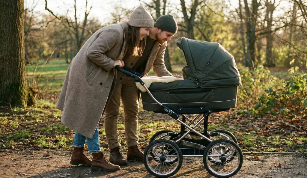 Eltern stehen am Kinderwagen im Park – Blick in die Babywanne, ruhige Alltagsszene beim Spaziergang