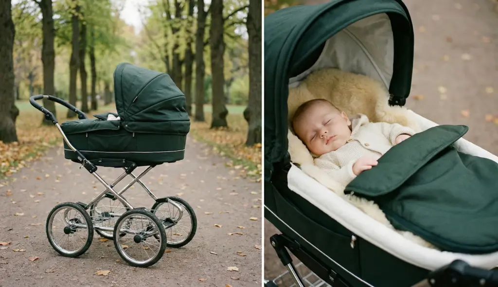 Baby liegt in großer Babywanne – gut gepolsterte Liegefläche und geschlossenes Verdeck schaffen Ruhe und Schutz