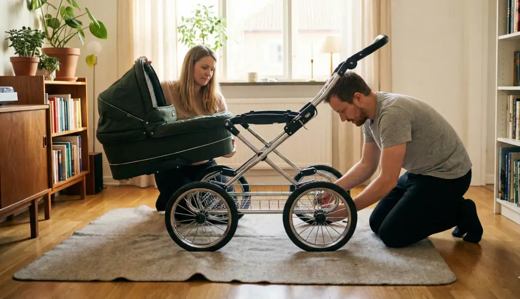 Kinderwagen wird im Wohnzimmer aufgebaut – stabiler Rahmen, große Räder und geordnete Teile beim Start in den Alltag
