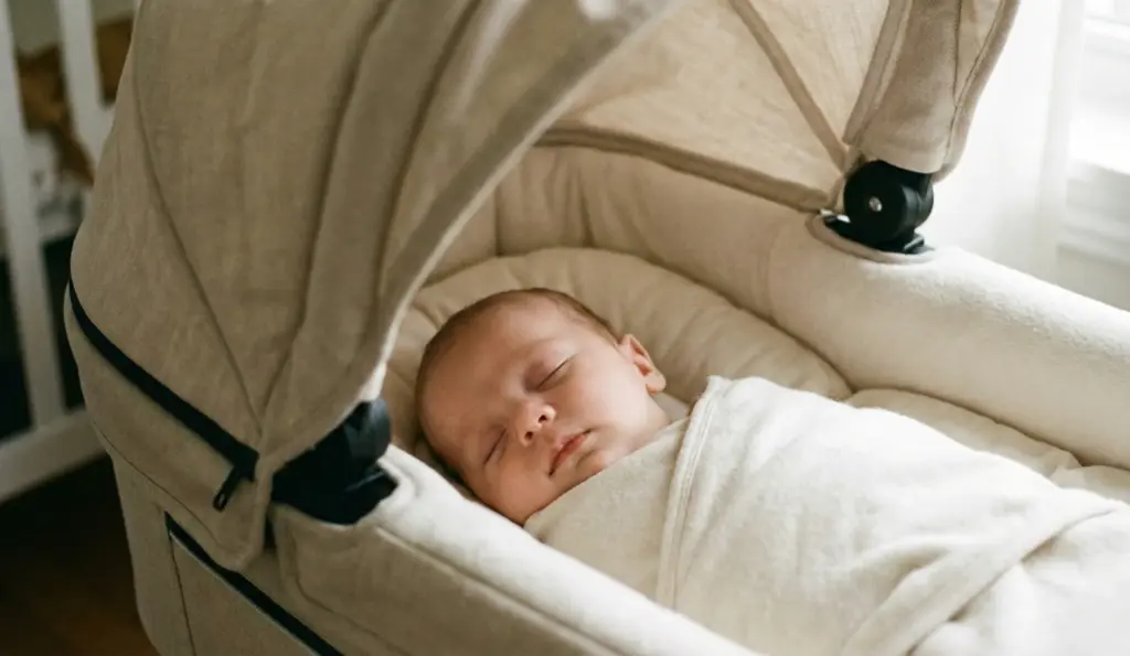 Schlafendes Baby im Emmaljunga NXT90 ähnlichen Kinderwagen mit Babywanne