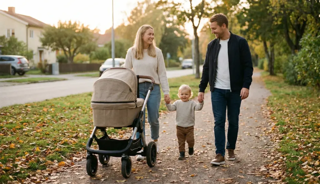 Familie mit Emmaljunga NXT60 – emotionales Abschlussbild im Familienalltag