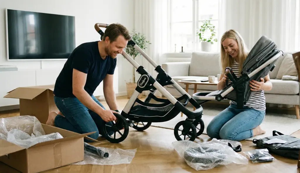 Emmaljunga NXT60 Unboxing – Eltern bauen den Kombikinderwagen im Wohnzimmer auf