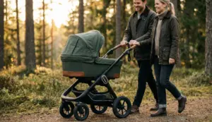 Elternpaar mit Emmaljunga NXT90 ähnlichem Kinderwagen bei Spaziergang auf Waldweg