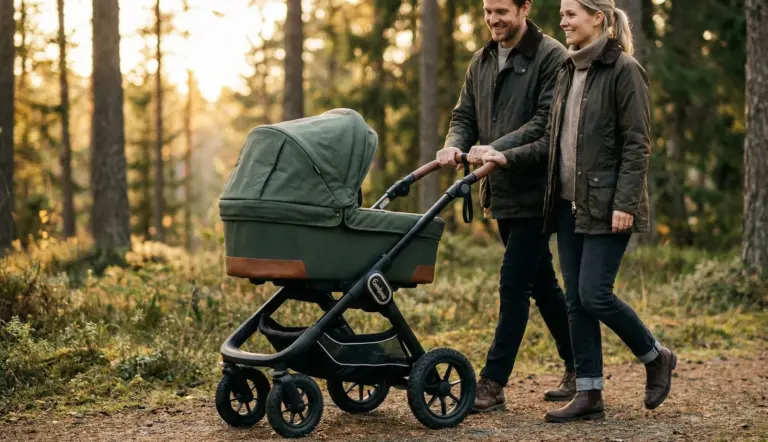 Elternpaar mit Emmaljunga NXT90 ähnlichem Kinderwagen bei Spaziergang auf Waldweg