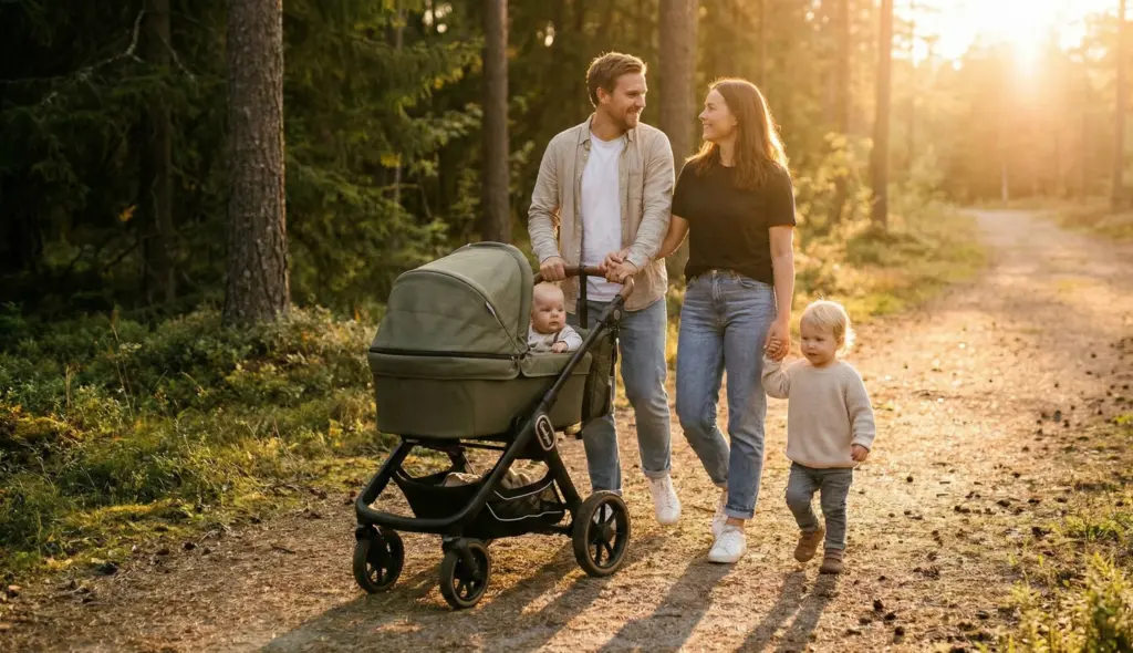 Familie mit Emmaljunga NXT90 ähnlichem Kinderwagen bei Spaziergang im Wald