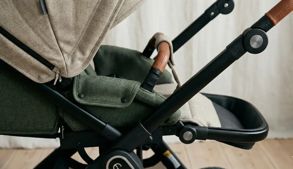 Detailaufnahme eines Emmaljunga NXT90 ähnlichen Kinderwagens mit hochwertiger Verarbeitung