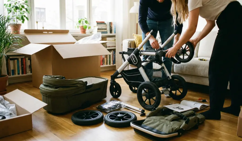 Unboxing und Aufbau eines Emmaljunga NXT90 ähnlichen Kombikinderwagens im Wohnzimmer