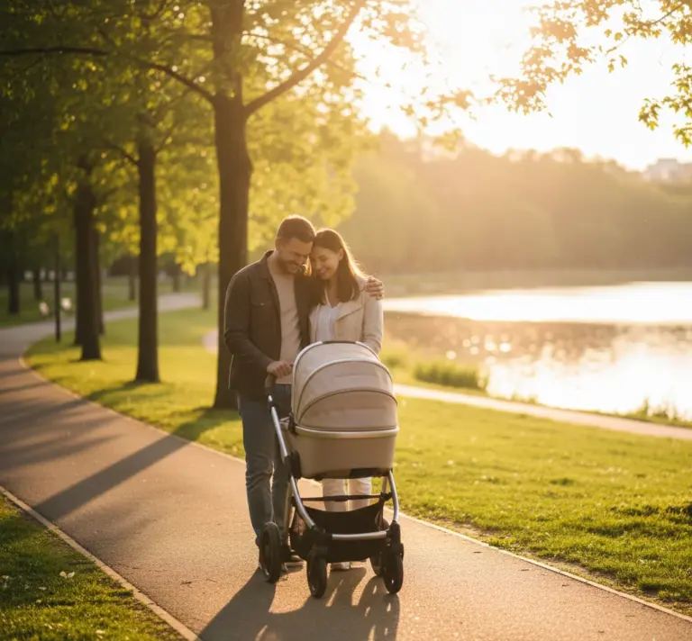 Fazit zum ABC Design Samba 2: Eltern spazieren mit Kinderwagen bei warmem Abendlicht