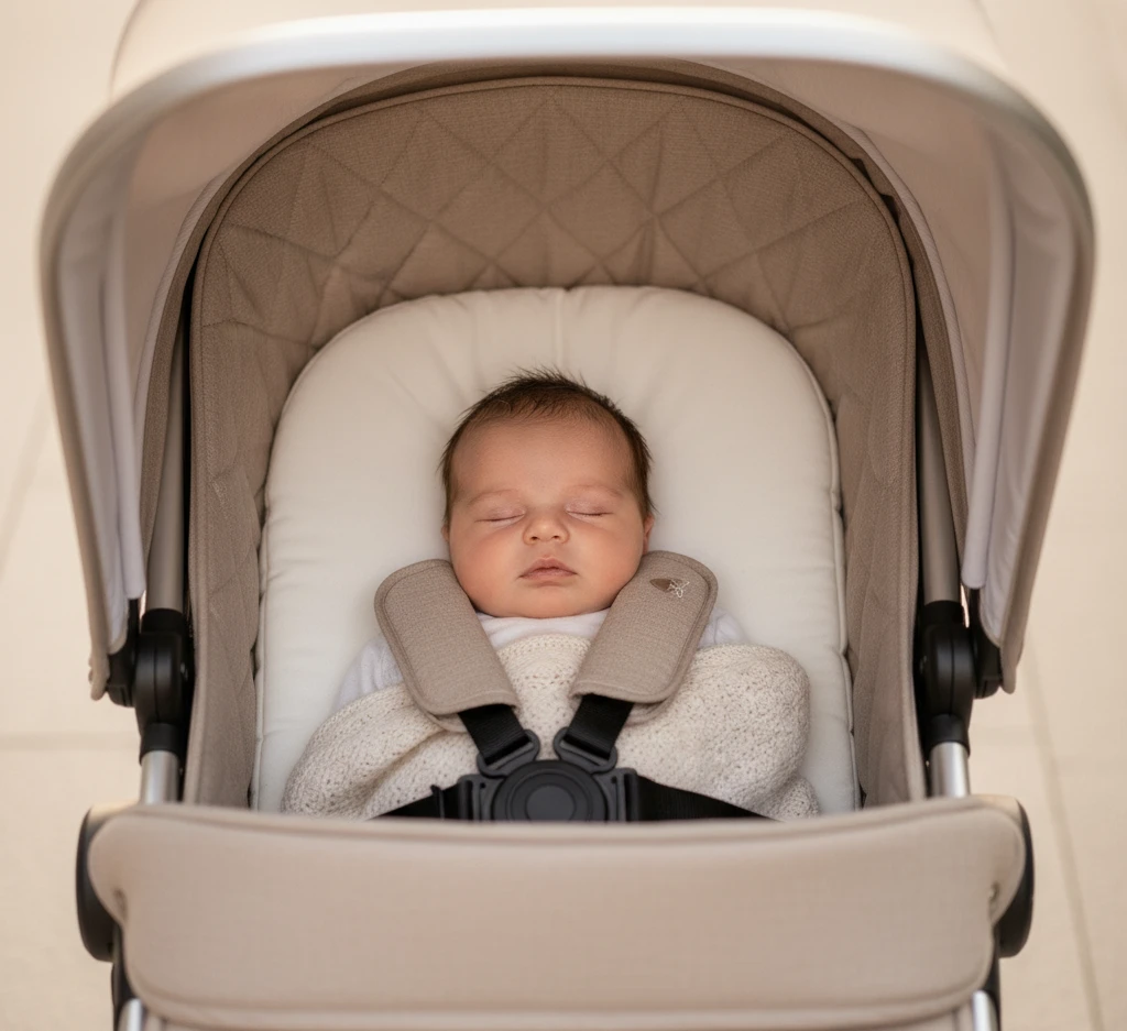 Baby liegt bequem im ABC Design Samba 2: hoher Liegekomfort und sichere Gurtführung