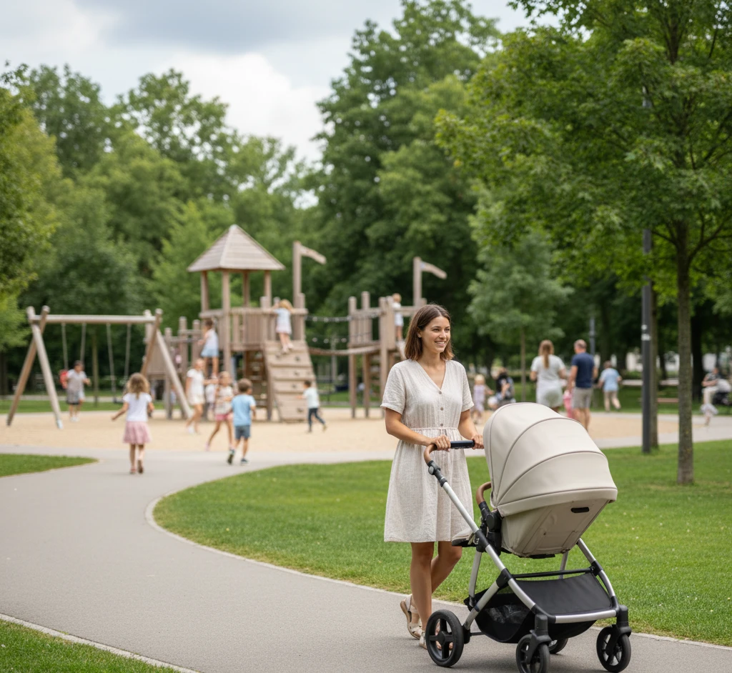 ABC Design Samba 2 beim Spaziergang: Kinderwagen im Park mit Spielplatz im Hintergrund