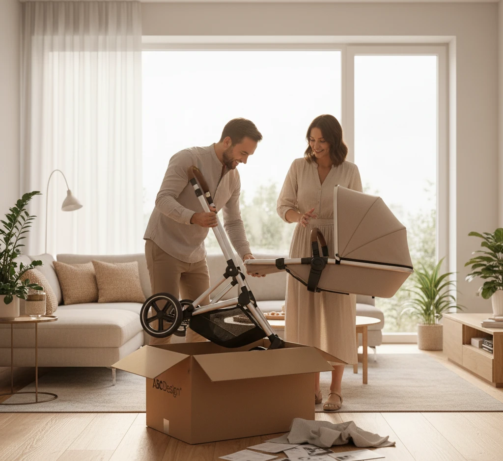 ABC Design Samba 2 Unboxing: Eltern bauen den Kombikinderwagen im Wohnzimmer auf