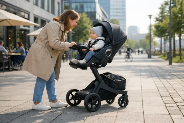 Premium-Kinderwagen im Stadtalltag – Baby sitzt erhöht auf Augenhöhe, ruhige Fahrt auf breitem Gehweg