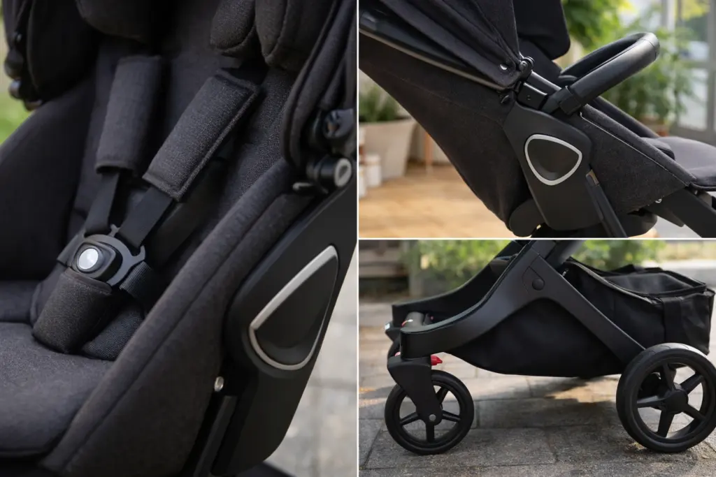 Hochwertige Stoffe und stabiler Rahmen am Kinderwagen – saubere Nähte und robuste Räder im Detail