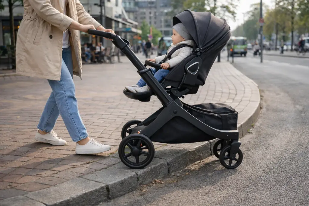 Kinderwagen auf Gehweg und Bordstein – wendiges Manövrieren im urbanen Alltag