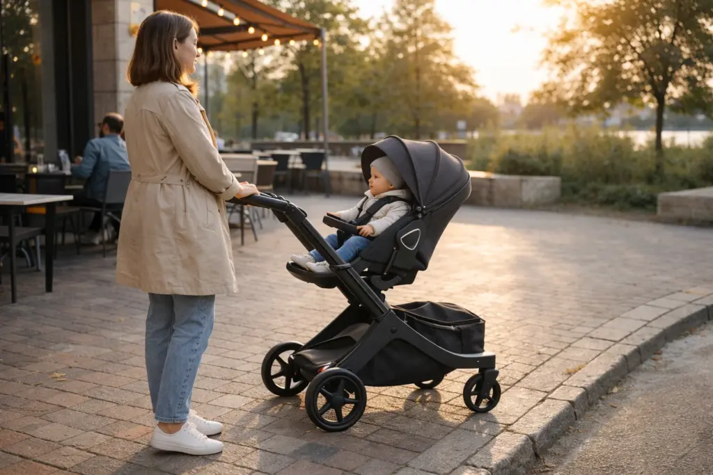 Kinderwagen im entspannten Alltag – ruhige Pause am Café bei warmem Nachmittagslicht