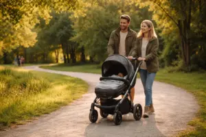 Kombikinderwagen im Park – ruhiges Schieben auf ebenem Weg, entspannter Familienalltag im Grünen