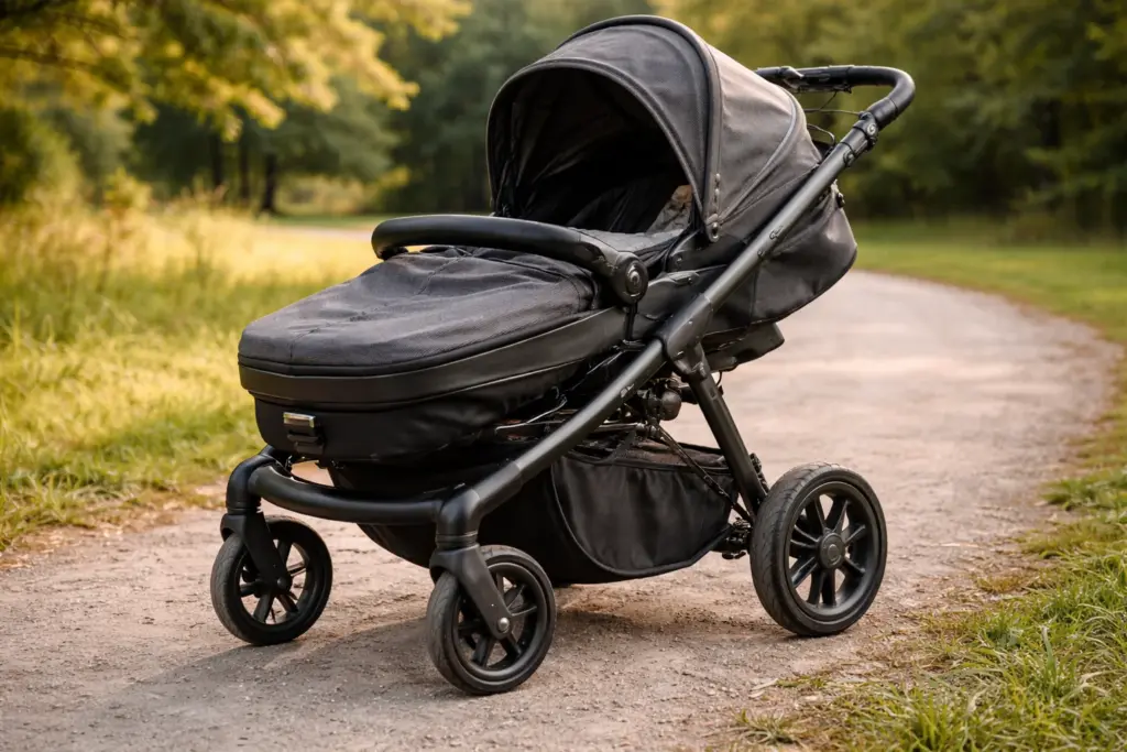 Kombikinderwagen im Detail – Stoffe, Nähte und Räder bei natürlichem Licht gut erkennbar