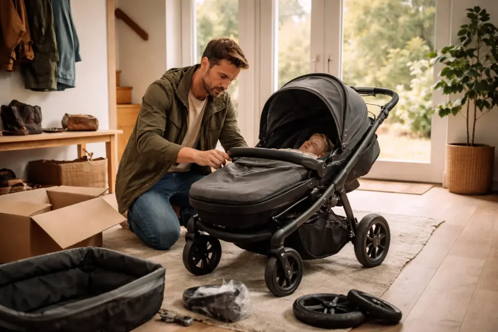 Kombikinderwagen wird im Wohnbereich aufgebaut – stabiler Rahmen und übersichtlicher Aufbau im Alltag