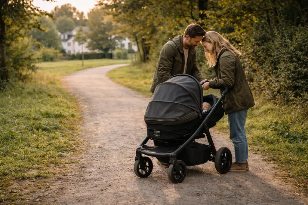 Kombikinderwagen steht geparkt – Eltern widmen sich dem Kind bei ruhiger Pause im Alltag