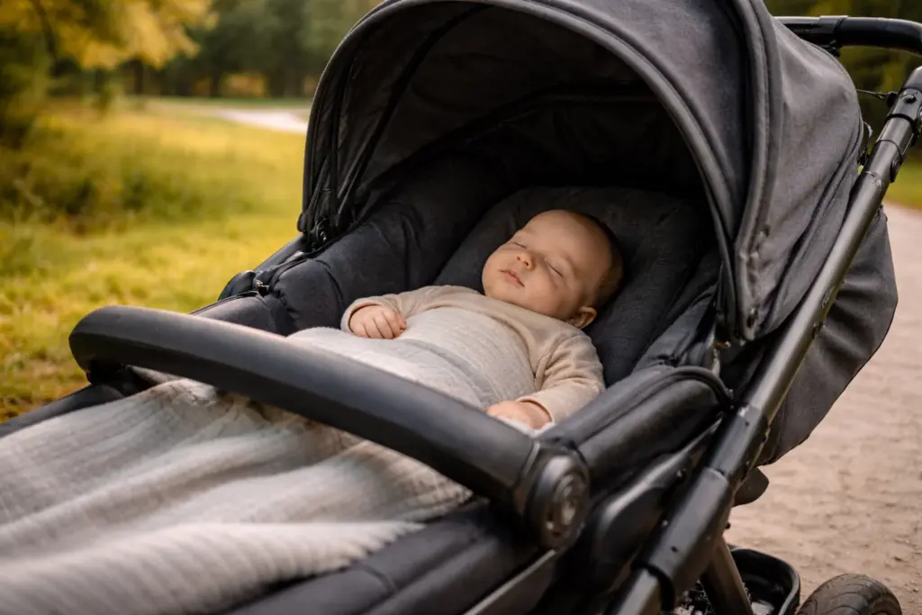 Gepolsterte Liegefläche im Kinderwagen – Baby liegt ruhig, geschützt und entspannt im Freien