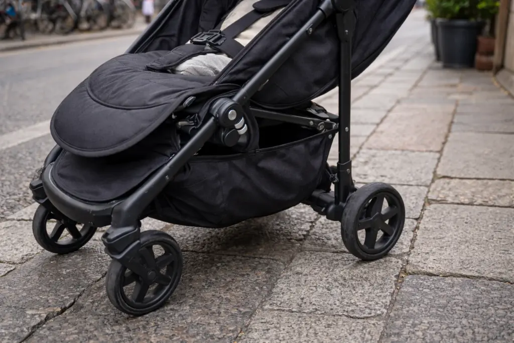 City-Buggy im Detail auf Gehweg – saubere Nähte und stabiler Rahmen sichtbar