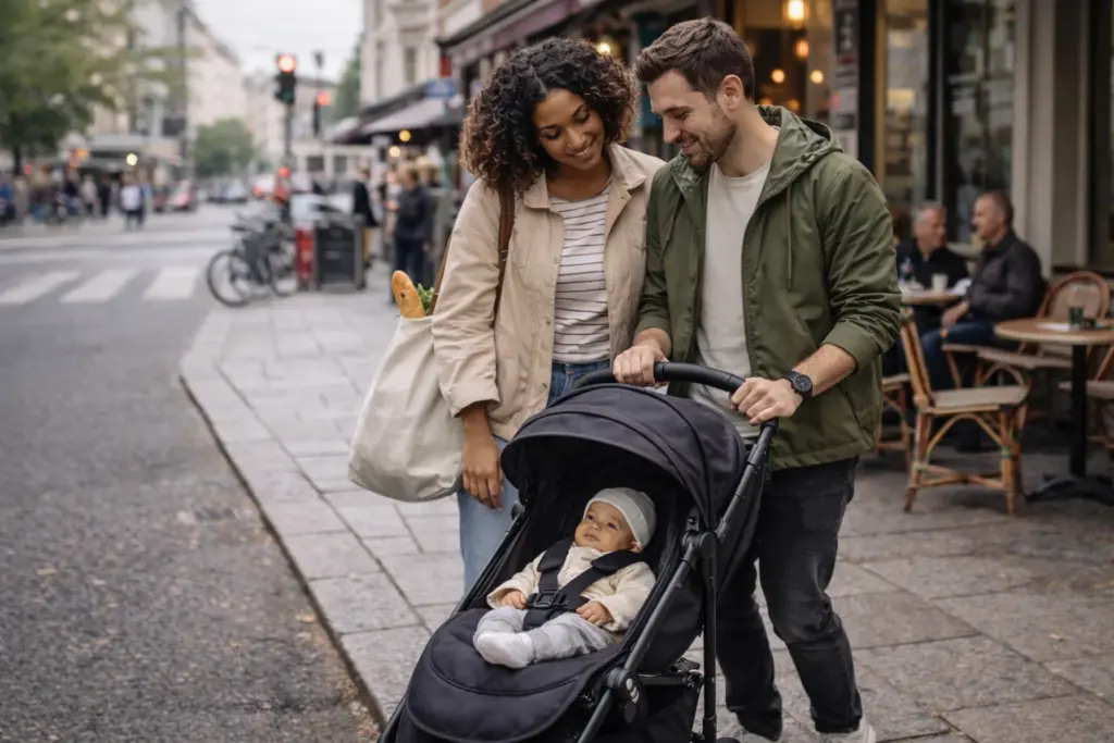 Kompakter City-Buggy auf schmalem Gehweg – wendiges Schieben im dichten Stadtverkehr