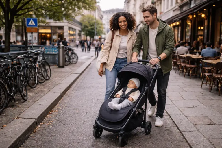 City-Buggy vor Café – entspannte Pause im urbanen Familienalltag