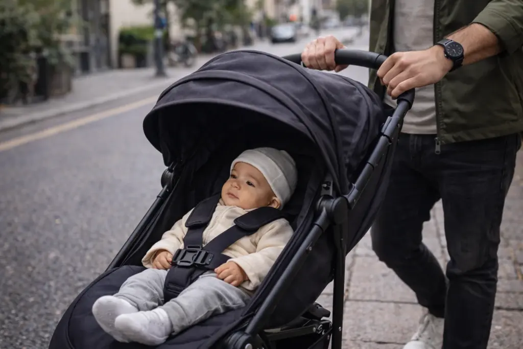 Gepolsterter Buggy-Sitz mit Gurt und Verdeck – Kind sitzt ruhig und sicher