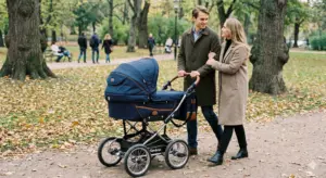 Klassischer Kombikinderwagen bei Spaziergang im Wohnviertel – ruhiges Schieben auf ebenem Untergrund