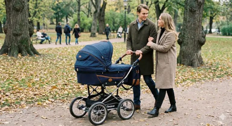 Klassischer Kombikinderwagen bei Spaziergang im Wohnviertel – ruhiges Schieben auf ebenem Untergrund