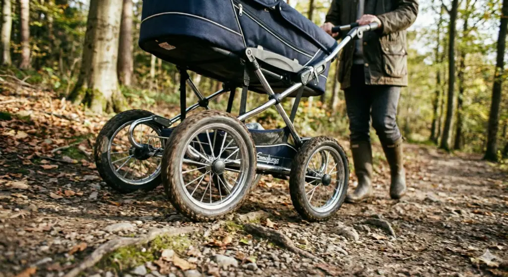 Stabiler Kinderwagen auf unebenem Waldweg – große Räder sorgen für ruhiges Fahrverhalten