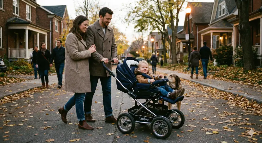 Kombikinderwagen im Park unterwegs – entspannte Nutzung bei längeren Spaziergängen