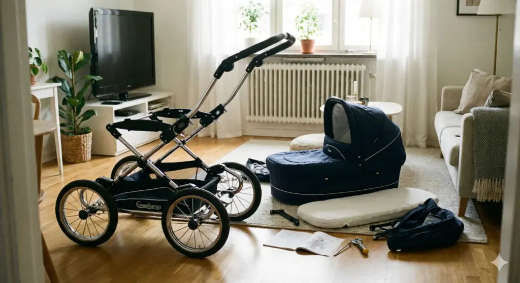 Kombikinderwagen wird im Wohnzimmer aufgebaut – stabiler Rahmen und übersichtliche Einzelteile
