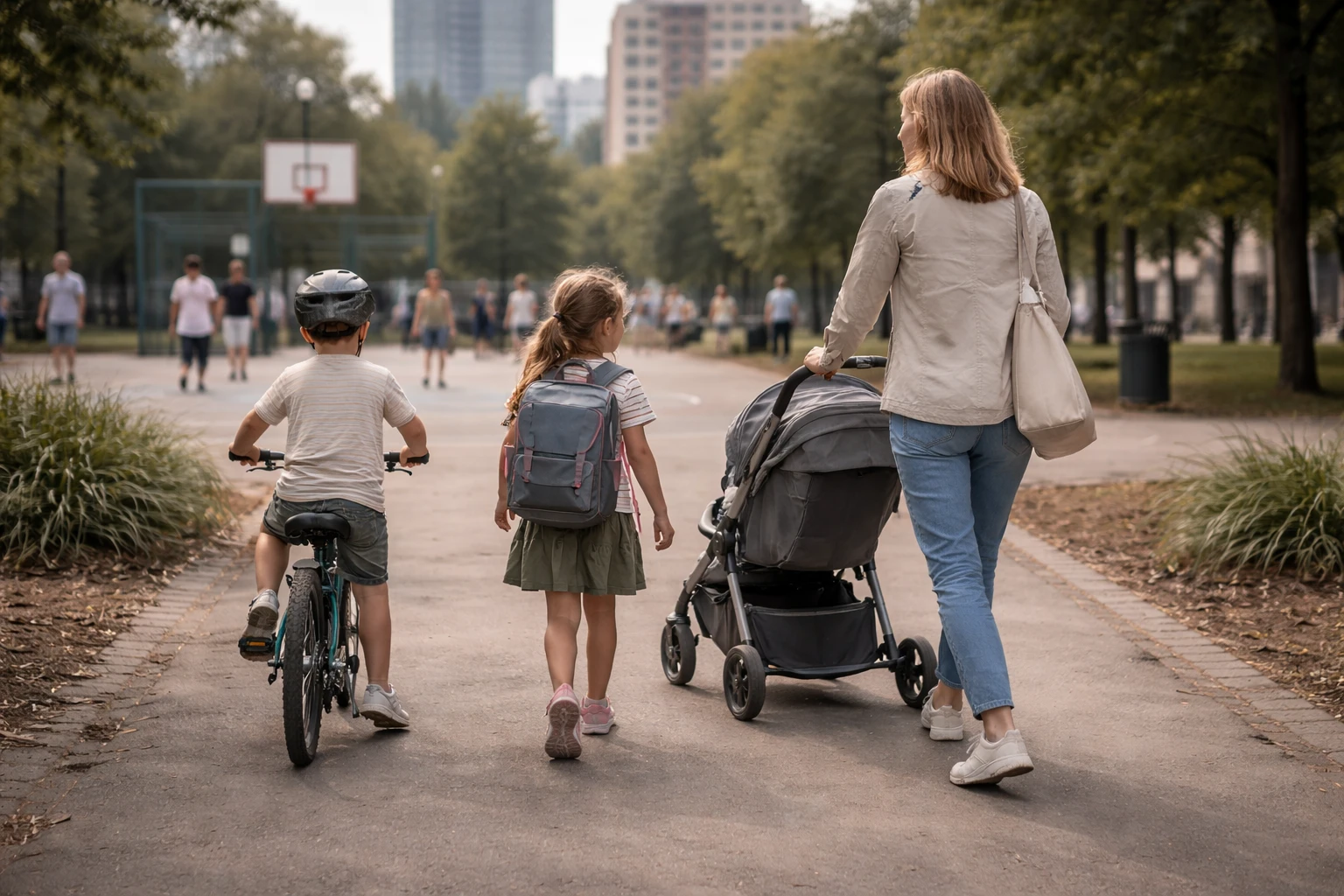 Familie mit Kinderwagen im Park